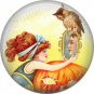Pretty Girl with Mirror and Owl, 1 Inch Button Badge Pin of Vintage Halloween Image - 0473