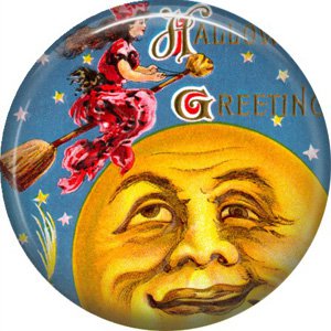 Witch Flying Past Man in Moon, 1 Inch Button Badge Pin of Vintage Halloween Image - 0467