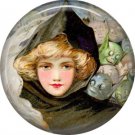 Demons Behind Pretty Lady, 1 Inch Button Badge Pin of Vintage Halloween Image - 0460