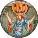 Lady with Pumpkin Head, 1 Inch Button Badge Pin of Vintage Halloween Image - 0459