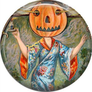 Lady with Pumpkin Head, 1 Inch Button Badge Pin of Vintage Halloween Image - 0459