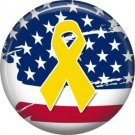 Yellow Support our Troops Ribbon on Flag Background, 1 Inch Button Badge Pin - 5015