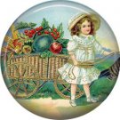Girl Pulling Cart of Produce, 1 Inch Pinback Button of Vintage Thanksgiving Image - 0332