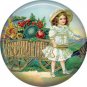 Girl Pulling Cart of Produce, 1 Inch Pinback Button of Vintage Thanksgiving Image - 0332