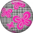 Pink Butterflies on Gray Plaid Background, 1 Inch Punk Princess Button Badge Pin - 0349