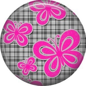 Pink Butterflies on Gray Plaid Background, 1 Inch Punk Princess Button Badge Pin - 0349