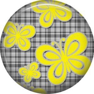 Yellow Butterflies on Gray Plaid Background, 1 Inch Pinback  Punk Princess Button Badge Pin - 0382