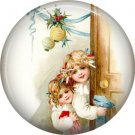 Excited Children, Vintage Christmas Scene 1 Inch Pin Back Button Badge - 1020