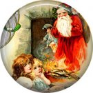 Excited Children See Santa, Vintage Christmas Scene 1 Inch Pin Back Button Badge - 1021