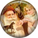 Santa Giving a Toy Horse to Child, Vintage Christmas Scene 1 Inch Pin Back Button Badge - 1023