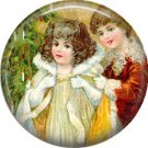 Children Near Tree, Vintage Christmas Scene 1 Inch Pin Back Button Badge - 1025