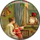 Santa Checking on Child, Vintage Christmas Scene 1 Inch Pin Back Button Badge - 1027