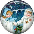 Children in the Snow, Vintage Christmas Scene 1 Inch Pin Back Button Badge - 1037