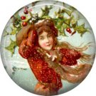 Lady in Red, Vintage Christmas Scene 1 Inch Pin Back Button Badge - 1045
