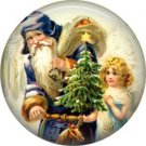 Santa with Tree, Vintage Christmas Scene 1 Inch Pin Back Button Badge - 1048