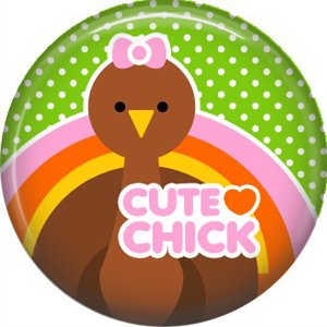 Cute Chick Turkey on Green Polka Dot Background, 1 Inch Thanksgiving Pinback Button - 3072