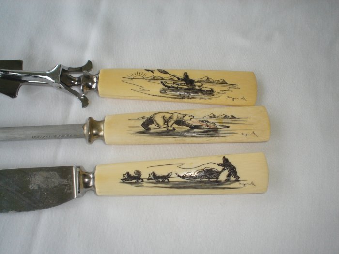 Ivory handled Carving set knife fork sharpner Nuguruk Scrimshaw