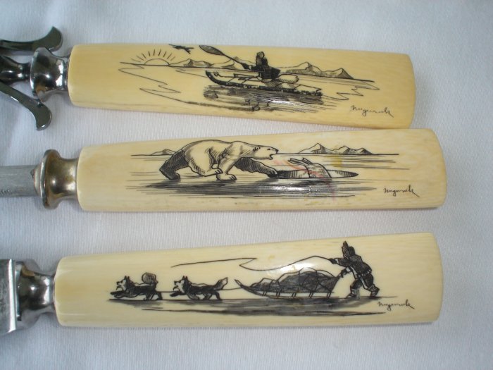 Ivory handled Carving set knife fork sharpner Nuguruk Scrimshaw