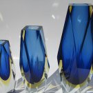 Trio of 3 Midcentury Modern Murano glass Sommerso 3 color Cut Crystal Vases Blu