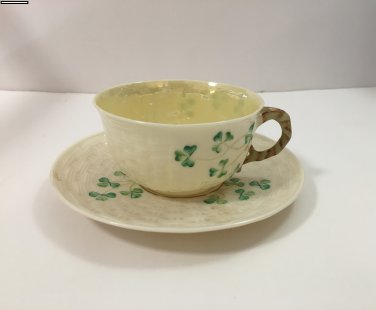 Belleek Shamrock Tea Cup & Saucer Green  Mark