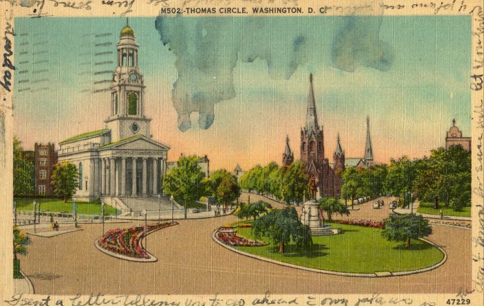 Washington D.C. Postcard, Thomas Circle c.1946
