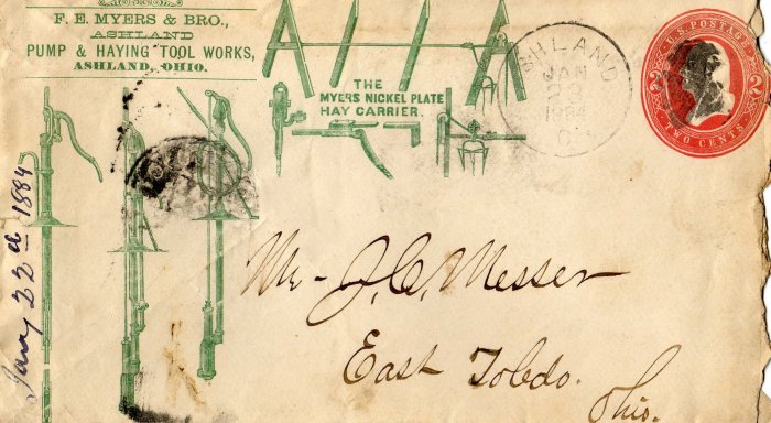 F.E. Myers Pump & Hay Making Tool Works, Sales Letter & Illustrated Logo Envelope c.1884