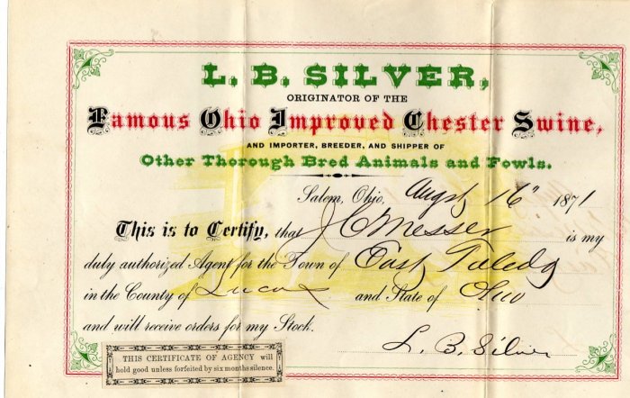 L.B. Silver & His Ohio Improved Chester Swine, Salem Ohio, Bill of Sale c.1871