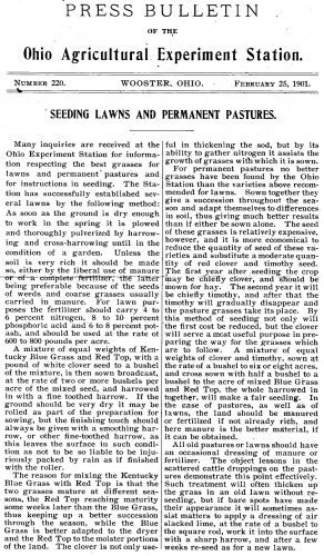 Press Release, Ohio Agriculture Experiment Station, Lawns & Pastures c.1901