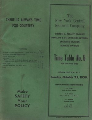 New York Central Railroad Co. Timetable No. 6, Employees Only c.1959