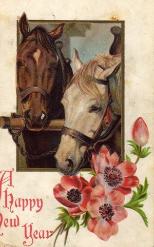 New Year Greetings Postcard, Haltered Horses and Flowers, Full Color & Embossed c.1904