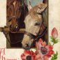 New Year Greetings Postcard, Haltered Horses and Flowers, Full Color & Embossed c.1904