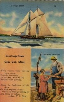 Cape Cod Massachusetts Postcard, Boats, Fishing Poles and Rev. Huse Poem c.1953