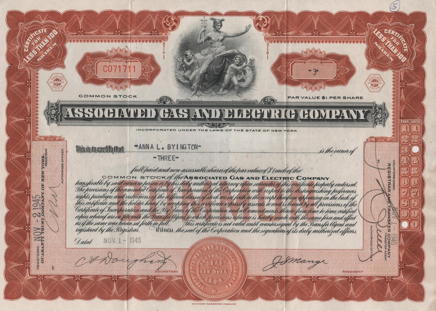 Stock Certificate, Associated Gas & Electric Co., New York c.1945