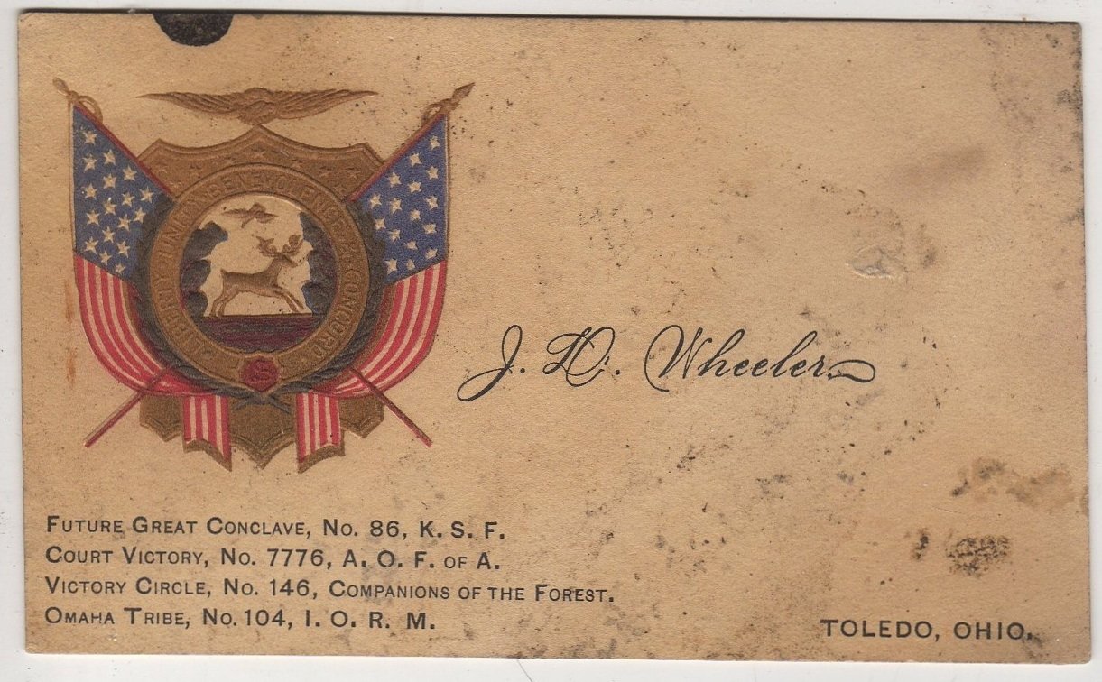 Calling Card, J.D. Wheeler, Member A.O.F. of A., Toledo Ohio c.1893
