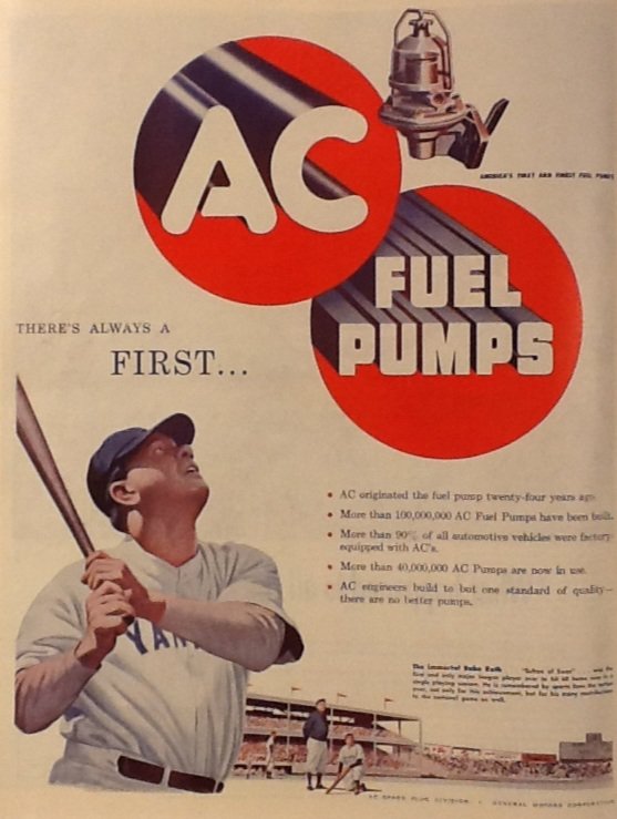 AC Fuel Pumps Ad, Babe Ruth in Uniform, Full Color c.1951