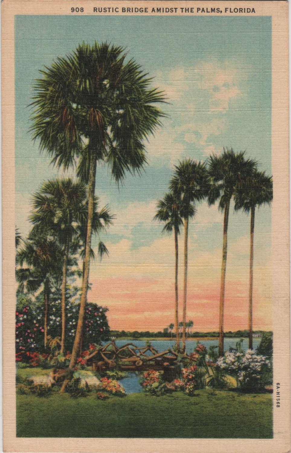Florida Landscape Postcard, Rustic Log Bridge Amidst The Palms c.1936