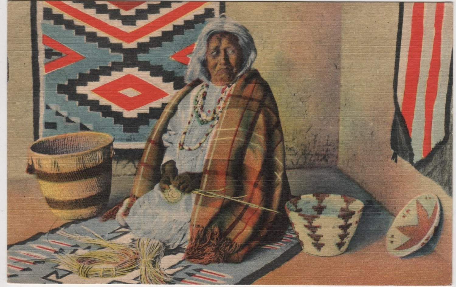 Albuquerque New Mexico Postcard, Apache Indian Basket Maker at Market c.1950