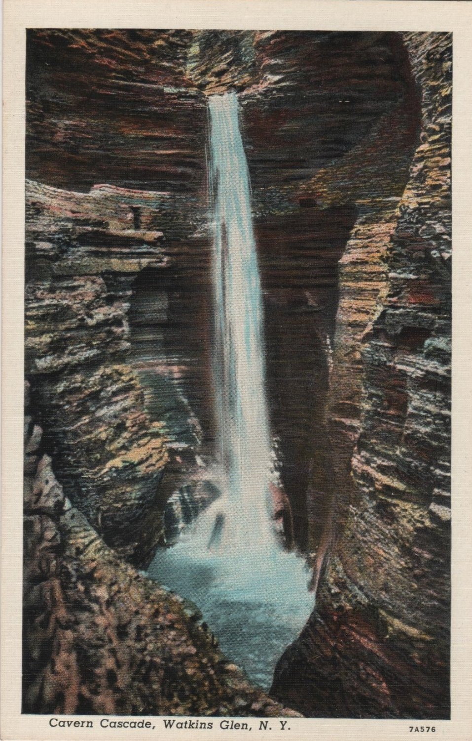 Watkins Glen New York Postcard, Cavern Cascade, Full Color c.1937