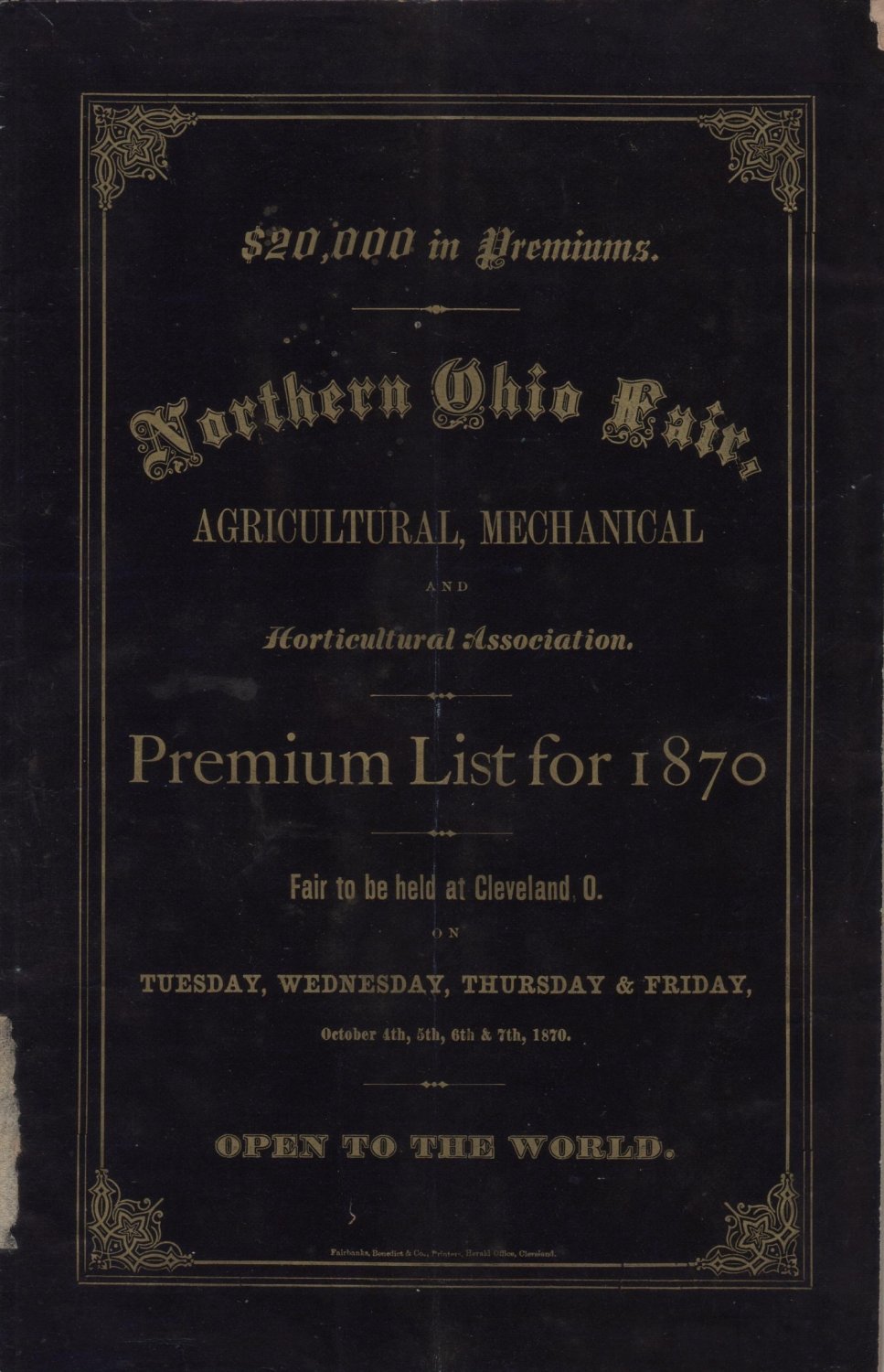 State Fair Premium List Book, Northern Ohio Fair Association 1st Annual Fair at Cleveland c.1870