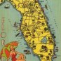 State of Florida Card, Yellow Map with Bathing Beauty on Beach c.1938