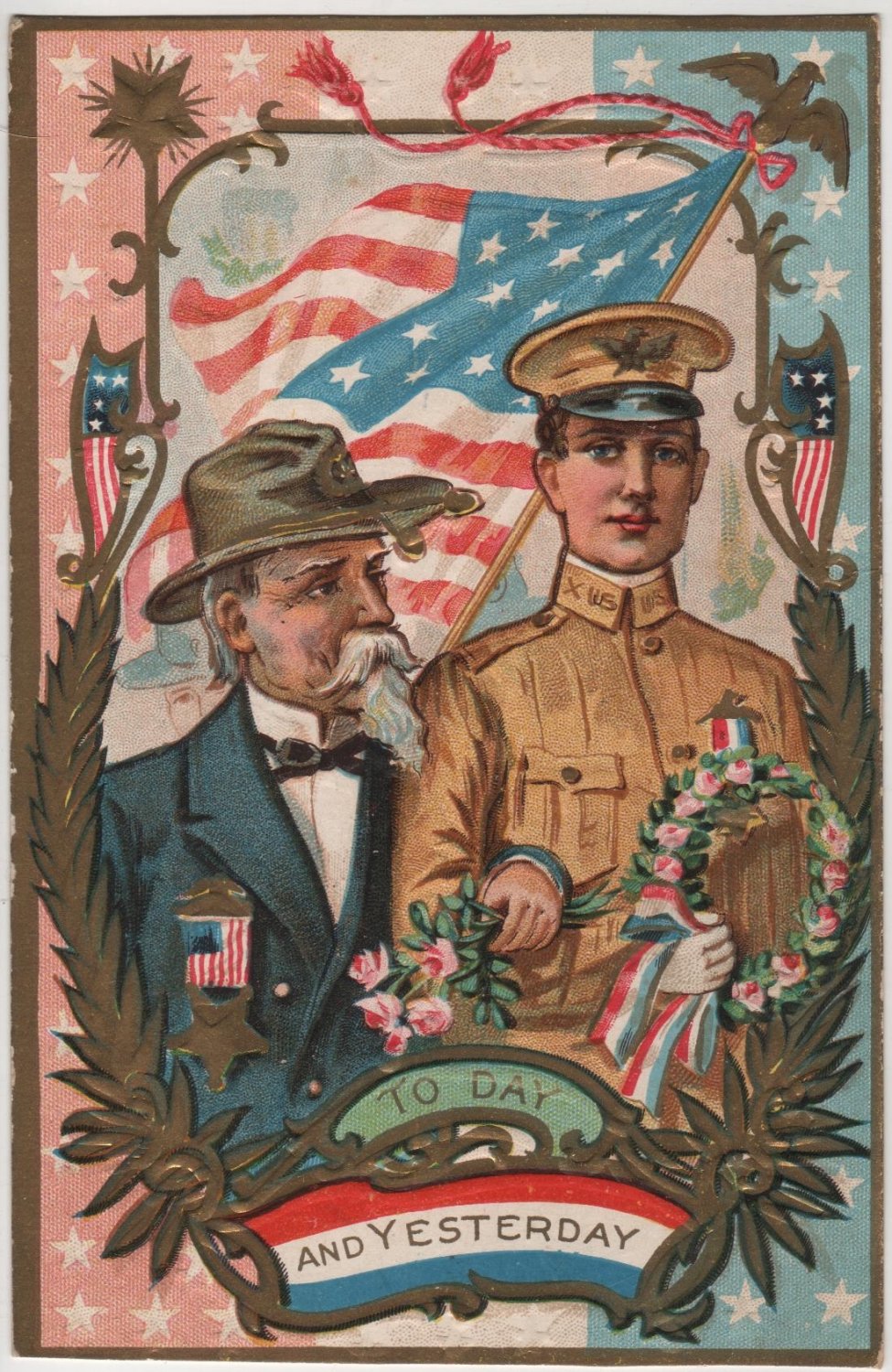 Decoration Day Postcard, Soldiers Today and Yesterday, Patriotic & Embossed c.1908