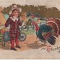 Thanksgiving Postcard, Child Feeding a Turkey Corn, Full Color & Embossed c.1911