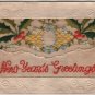New Year Greetings Postcard, Embroidered Pocket with Note and Embossed Border c.1904