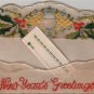 New Year Greetings Postcard, Embroidered Pocket with Note and Embossed Border c.1904