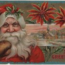 Christmas Postcard, Santa in Red with Brown Mittens, Poinsettias & Holly Trim, Embossed c.1910