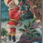 Christmas Postcard, Santa in Red Suit with Reindeer and Holly, Embossed c.1907