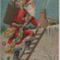 Christmas Postcard, Santa in Red Robe on Ladder with Basket of Toys, Embossed c.1908