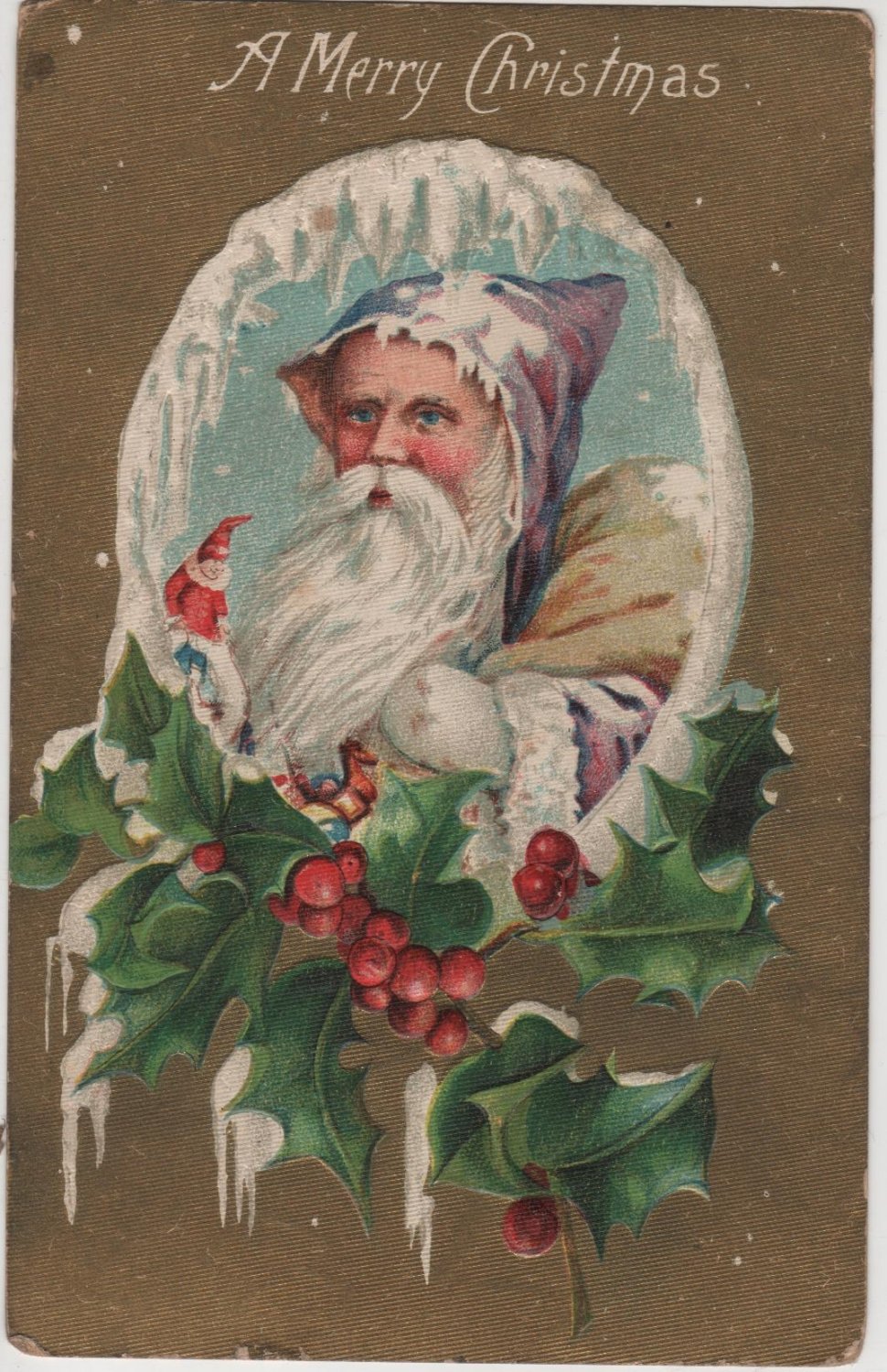 Christmas Postcard, Brown Robe Santa & Bag of Toys c.1909