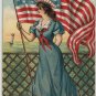 Fourth of July Postcard, Maiden on Deck, American Flag Unfurled, Full Color & Embossed c.1907