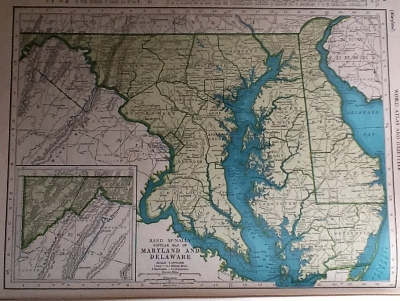 Delaware & Maryland Map, Rand McNally, Collier's World Atlas c.1949
